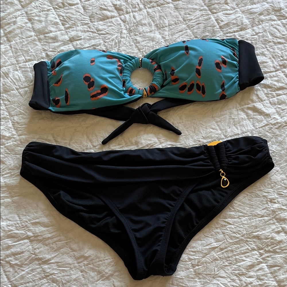 Bikini Set Teal Leopard Ring-Front Bandeau Top & 2 Bamboo Black Bottoms